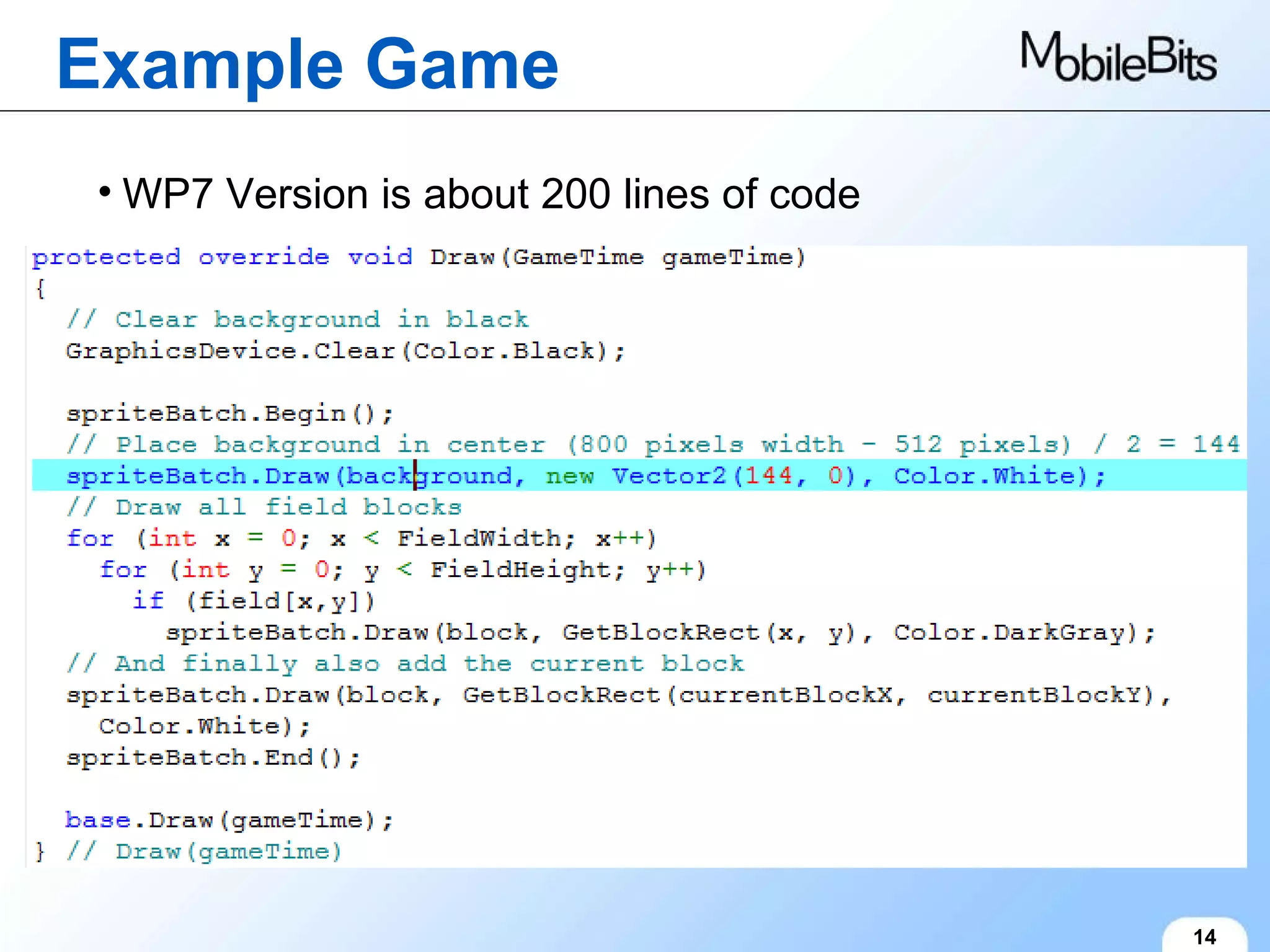 Example Game 14 WP7 Version is about 200 lines of code 