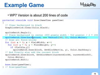 Example Game 14 WP7 Version is about 200 lines of code 
