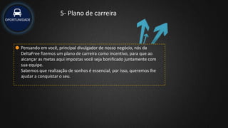 OPORTUNIDADE
5- Plano de carreira
Pensando em você, principal divulgador de nosso negócio, nós da
DeltaFree fizemos um plano de carreira como incentivo, para que ao
alcançar as metas aqui impostas você seja bonificado juntamente com
sua equipe.
Sabemos que realização de sonhos é essencial, por isso, queremos lhe
ajudar a conquistar o seu.
 