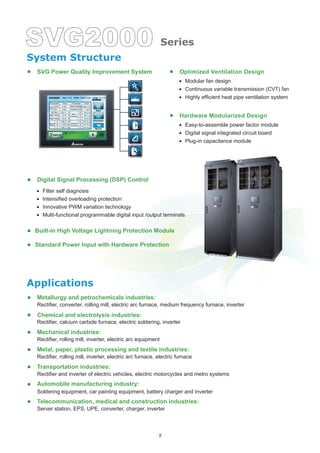 55
System Structure
Applications
SVG Power Quality Improvement System
Built-in High Voltage Lightning Protection Module
Metallurgy and petrochemicals industries:
Chemical and electrolysis industries:
Mechanical industries:
Metal, paper, plastic processing and textile industries:
Transportation industries:
Automobile manufacturing industry:
Telecommunication, medical and construction industries:
Standard Power Input with Hardware Protection
Optimized Ventilation Design
Digital Signal Processing (DSP) Control
Hardware Modularized Design
Series
433 60 72.3
0.99
0.99
537.3
21.6
23.8
158.6
1.587
158.7
380.1
7.5
82.3
82.1
81.8
311.5
312.2
311.4
 