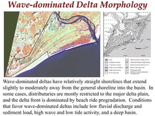 Wave-dominated Delta Morphology
Wave-dominated deltas have relatively straight shorelines that extend
slightly to moderately away from the general shoreline into the basin. In
some cases, distributaries are mostly restricted to the major delta plain,
and the delta front is dominated by beach ride progradation. Conditions
that favor wave-dominated deltas include low fluvial discharge and
sediment load, high wave and low tide activity, and a deep basin.
 