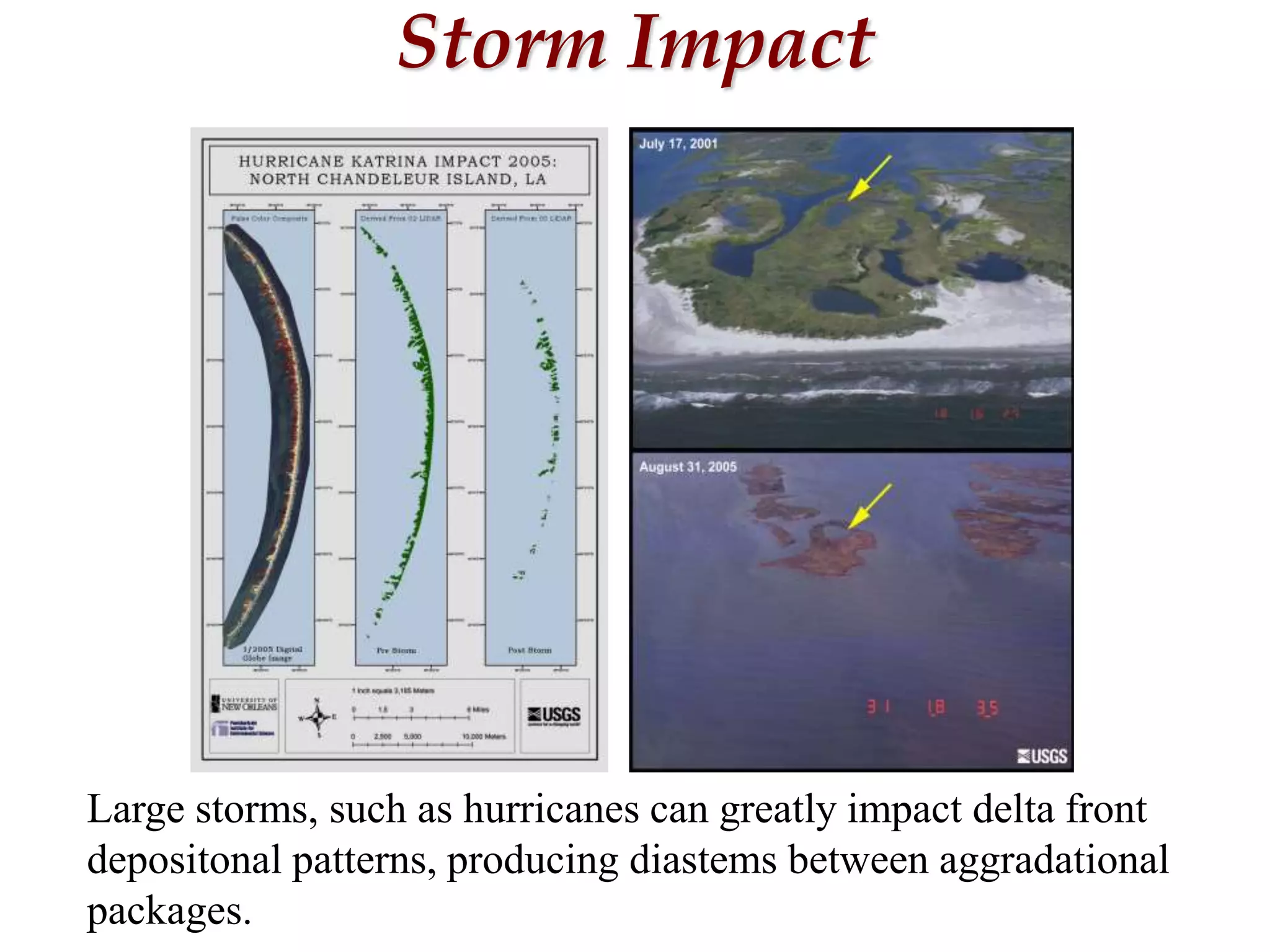 Storm Impact
Large storms, such as hurricanes can greatly impact delta front
depositonal patterns, producing diastems between aggradational
packages.
 