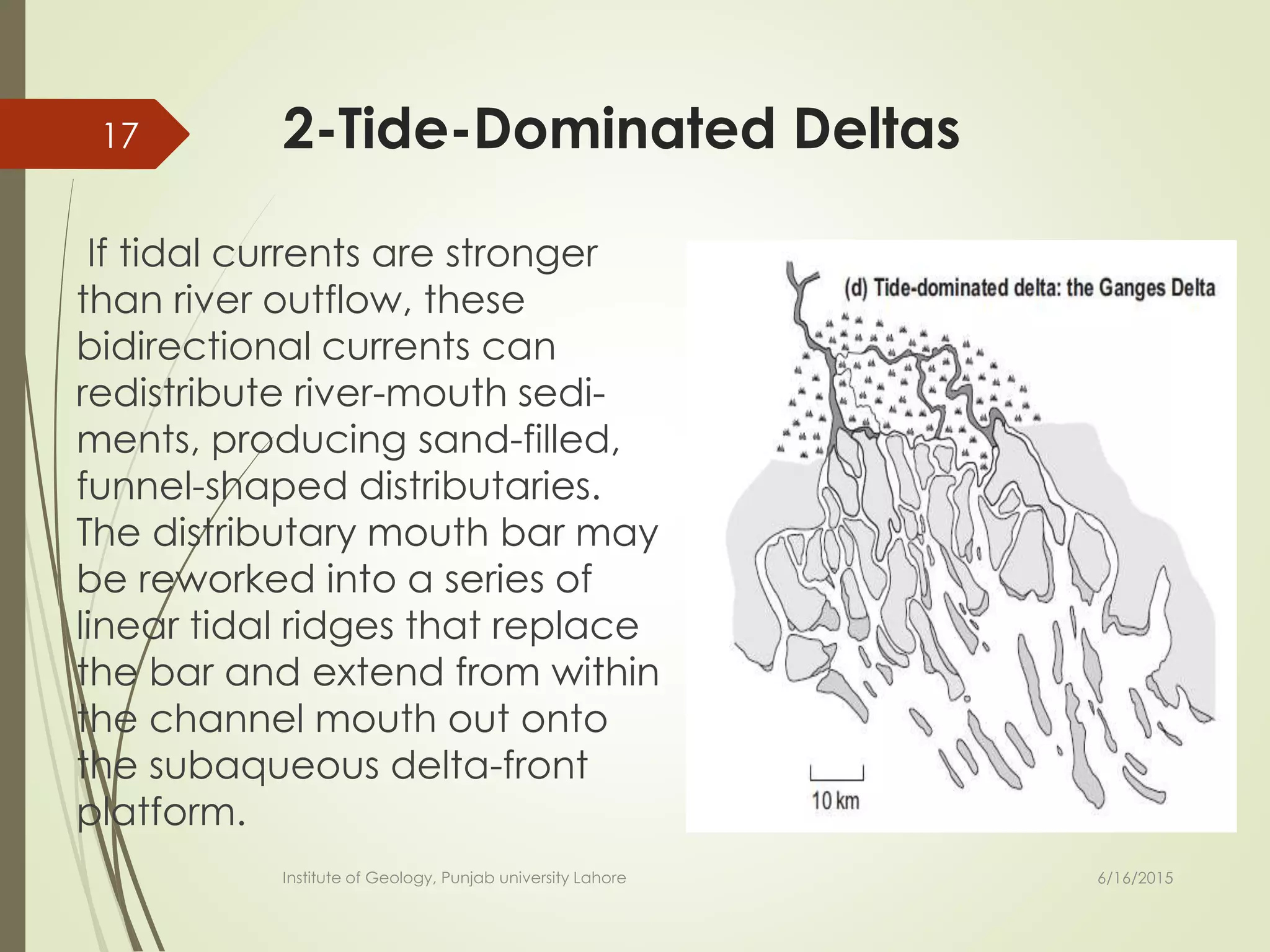 2-Tide-Dominated Deltas
If tidal currents are stronger
than river outflow, these
bidirectional currents can
redistribute river-mouth sedi-
ments, producing sand-filled,
funnel-shaped distributaries.
The distributary mouth bar may
be reworked into a series of
linear tidal ridges that replace
the bar and extend from within
the channel mouth out onto
the subaqueous delta-front
platform.
6/16/2015
17
Institute of Geology, Punjab university Lahore
 
