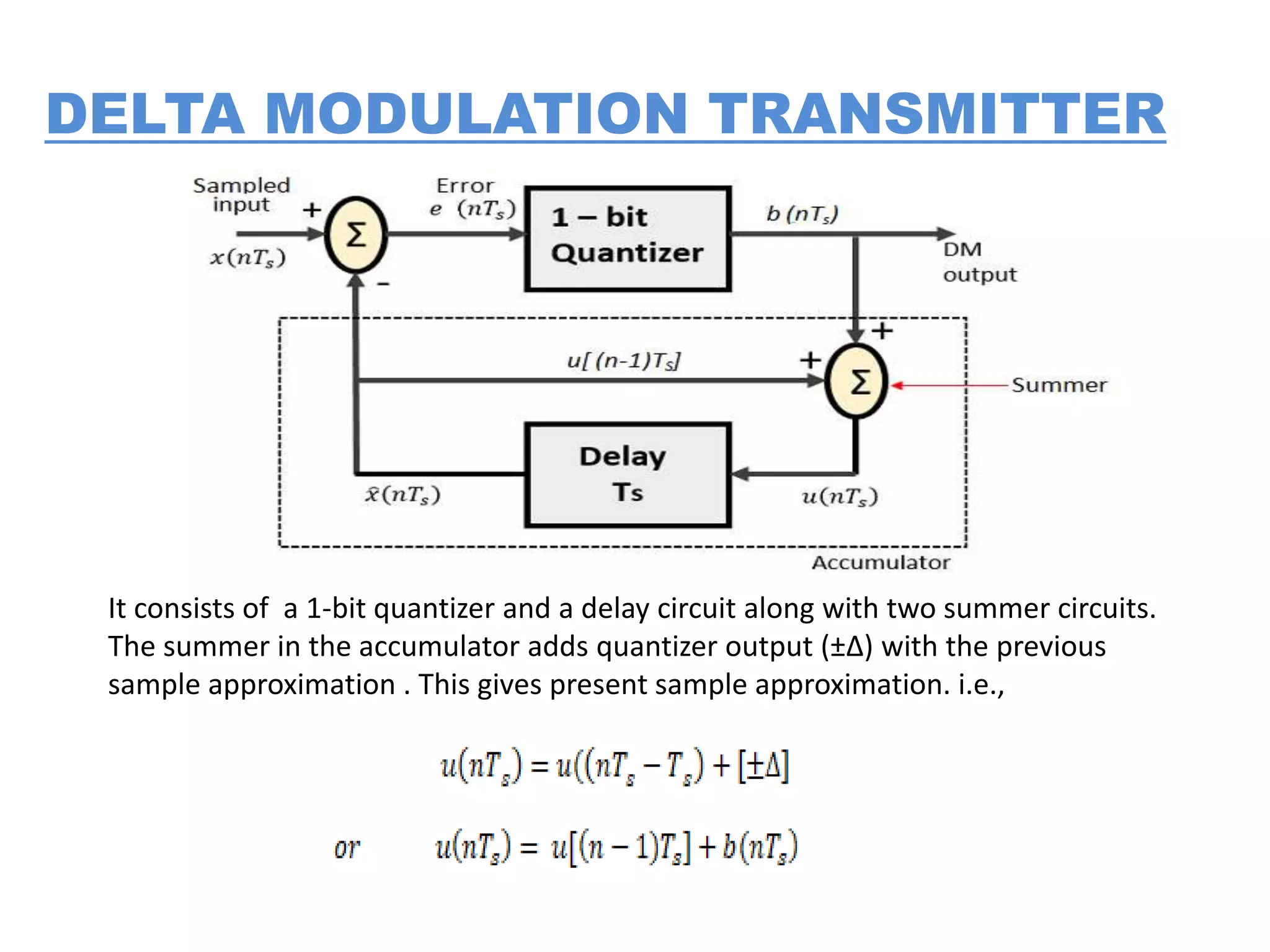 DELTA MODULATION TRANSMITTER
It consists of a 1-bit quantizer and a delay circuit along with two summer circuits.
The summer in the accumulator adds quantizer output (±Δ) with the previous
sample approximation . This gives present sample approximation. i.e.,
 