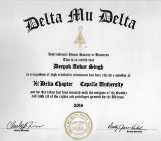 Delta Mu Delta Certificate of Deepak (Danny) Singh