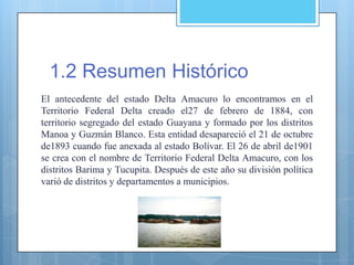 1.2 Resumen Histórico
El antecedente del estado Delta Amacuro lo encontramos en el
Territorio Federal Delta creado el27 de febrero de 1884, con
territorio segregado del estado Guayana y formado por los distritos
Manoa y Guzmán Blanco. Esta entidad desapareció el 21 de octubre
de1893 cuando fue anexada al estado Bolívar. El 26 de abril de1901
se crea con el nombre de Territorio Federal Delta Amacuro, con los
distritos Barima y Tucupita. Después de este año su división política
varió de distritos y departamentos a municipios.
 
