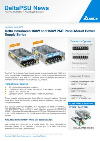 Issue Date: May 8, 2013
DeltaPSU NewsFrom The World’s No. 1* Power Supply Company
Copyright © 2013 Delta Electronics, Inc. | www.DeltaPSU.com
*Based on the global sales revenue from the Micro-Tech Consultants March 2013 report
Terminal Block Connector
Front Face Connector
Harness Connector
Connector Options
Upcoming Events
Automation Technology Expo Canada
Location: Toronto, Canada
Dates: 14 – 16 May 2013
Techno-Frontier 2013
Location: Tokyo, Japan
Dates: 17 – 19 July 2013
Automation 2013
Location: Mumbai, India
Dates: 23 – 26 September 2013
PJ OPEN FRAME POWER SUPPLY
12V 150W / PJ-12V150W
*AVAILABLE FROM JUNE 2013
The PMT Panel Mount Power Supply series is now available with 100W and
150W output power. The single output products come in popular nominal output
voltage options of 12V and 24V. The PMT series is designed to conform to
harmonic current standard IEC/EN 61000-3-2, Class A.
Highlights & Features
AC input voltage selectable by switch
Conforms to harmonic current standard IEC/EN 61000-3-2, Class A
High MTBF > 700,000 hrs
Connector options (Terminal Block, Front Face, Harness)
These versatile products provide three different connector options (Terminal
Block, Front Face and Harness) to satisfy different application needs for cost
competitive markets.
The products (PMT-12V100W1AA, PMT-12V150W1AA, PMT-24V100W1AA,
PMT-24V150W1AA) are certified to safety standard according to IEC/EN/UL
60950-1 Information Technology Equipment (ITE) and EMC standard according
to EN 55022, Class B and EN 55024 without additional filtering components
required.
AVAILABLE FOR SHIPMENT FROM MAY 2013 ONWARDS.
New models are introduced on a regular basis. For more information or
enquiries, please do not hesitate to contact your local Delta Electronics
distributor or visit www.DeltaPSU.com.
Delta Introduces 100W and 150W PMT Panel Mount Power
Supply Series
 