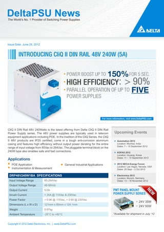 DeltaPSU News
The World’s No. 1 Provider of Switching Power Supplies




Issue Date: June 28, 2012


          INTRODUCING CliQ II DIN RAIL 48V 240W (5A)


                                                                   150% FOR 5 SEC.
                                                   POWER BOOST UP TO
                                                  HIGH EFFICIENCY : > 90%
                                                  PARALLEL OPERATION OF UP TO FIVE
                                                   POWER SUPPLIES



                                                                               For more information, visit www.DeltaPSU.com




CliQ II DIN Rail 48V 240Watts is the latest offering from Delta CliQ II DIN Rail
Power Supply series. The 48V power supplies are typically used in telecom                Upcoming Events
equipment applications including POE. In the tradition of the CliQ Series, the CliQ
II 48V products are IP20 certified, come in a tough anti-corrosion aluminum                 Automation 2012
casing and features high efficiency without output power derating for the entire            Location: Mumbai, India
                                                                                            Dates: 7 – 10 September 2012
range of input voltage from 85Vac to 264Vac. The pluggable terminal block on the
240W type also enables safe and fast connections.                                           KOFAS 2012
                                                                                            Location: Goyang, Korea
                                                                                            Dates: 11 – 14 September 2012
Applications
   POE Application                               General Industrial Applications            2012 NECA Energy Forum
                                                                                            Location: Las Vegas, Nevada, USA
   Instrumentation & Measurement                                                            Dates: 29 Sept – 2 Oct 2012

 DRP48V240W1BA SPECIFICATIONS                                                               Electronica 2012
                                                                                            Location: Munich, Germany
 Input Voltage Range           85-264Vac                                                    Dates: 13 – 16 November 2012

 Output Voltage Range          48-56Vdc
 Output Current                5.0A                                                     PMT PANEL MOUNT
 Inrush Current                < 35A @ 115Vac & 230Vac                                  POWER SUPPLY SERIES
 Power Factor                  > 0.96 @ 115Vac, > 0.90 @ 230Vac
                                                                                                                24V 35W
 Dimensions (L x W x D)        121mm x 85mm x 124.1mm
                                                                                                                24V 50W
 Weight                        0.97kg
 Ambient Temperature           -25°C to +80°C                                           *Available for shipment in July ‘12


Copyright © 2012 Delta Electronics, Inc. | www.DeltaPSU.com
 