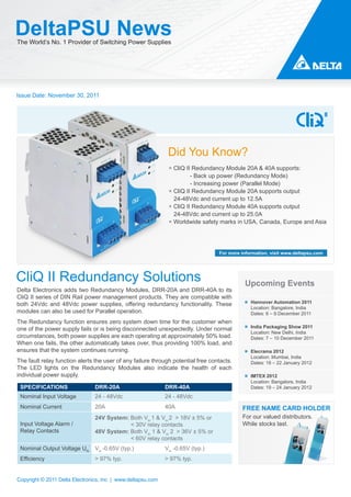 DeltaPSU News
The World’s No. 1 Provider of Switching Power Supplies




Issue Date: November 30, 2011




                                                              Did You Know?
                                                              ￭ CliQ II Redundancy Module 20A & 40A supports:
                                                                       - Back up power (Redundancy Mode)
                                                                       - Increasing power (Parallel Mode)
                                                              ￭ CliQ II Redundancy Module 20A supports output
                                                                24-48Vdc and current up to 12.5A
                                                              ￭ CliQ II Redundancy Module 40A supports output
                                                                24-48Vdc and current up to 25.0A
                                                              ￭ Worldwide safety marks in USA, Canada, Europe and Asia




                                                                                  For more information, visit www.deltapsu.com




CliQ II Redundancy Solutions                                                                Upcoming Events
Delta Electronics adds two Redundancy Modules, DRR-20A and DRR-40A to its
CliQ II series of DIN Rail power management products. They are compatible with
both 24Vdc and 48Vdc power supplies, offering redundancy functionality. These                  Hannover Automation 2011
                                                                                               Location: Bangalore, India
modules can also be used for Parallel operation.                                               Dates: 6 – 9 December 2011
The Redundancy function ensures zero system down time for the customer when
                                                                                               India Packaging Show 2011
one of the power supply fails or is being disconnected unexpectedly. Under normal
                                                                                               Location: New Delhi, India
circumstances, both power supplies are each operating at approximately 50% load.               Dates: 7 – 10 December 2011
When one fails, the other automatically takes over, thus providing 100% load, and
ensures that the system continues running.                                                     Elecrama 2012
                                                                                               Location: Mumbai, India
The fault relay function alerts the user of any failure through potential free contacts.       Dates: 18 – 22 January 2012
The LED lights on the Redundancy Modules also indicate the health of each
individual power supply.                                                                       IMTEX 2012
                                                                                               Location: Bangalore, India
 SPECIFICATIONS                 DRR-20A                      DRR-40A                           Dates: 19 – 24 January 2012
 Nominal Input Voltage          24 - 48Vdc                   24 - 48Vdc
 Nominal Current                20A                          40A                           FREE NAME CARD HOLDER
                                24V System: Both Vin 1 & Vin 2 > 18V ± 5% or               For our valued distributors.
 Input Voltage Alarm /                      < 30V relay contacts                           While stocks last.
 Relay Contacts                 48V System: Both Vin 1 & Vin 2 > 36V ± 5% or
                                            < 60V relay contacts
 Nominal Output Voltage UN      Vin -0.65V (typ.)            Vin -0.65V (typ.)
 Efficiency                     > 97% typ.                   > 97% typ.


Copyright © 2011 Delta Electronics, Inc | www.deltapsu.com
 