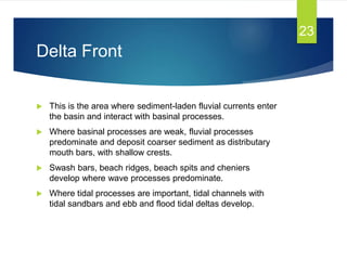 Delta Front
 This is the area where sediment-laden fluvial currents enter
the basin and interact with basinal processes.
 Where basinal processes are weak, fluvial processes
predominate and deposit coarser sediment as distributary
mouth bars, with shallow crests.
 Swash bars, beach ridges, beach spits and cheniers
develop where wave processes predominate.
 Where tidal processes are important, tidal channels with
tidal sandbars and ebb and flood tidal deltas develop.
23
 