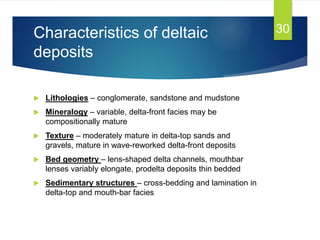Characteristics of deltaic
deposits
 Lithologies – conglomerate, sandstone and mudstone
 Mineralogy – variable, delta-front facies may be
compositionally mature
 Texture – moderately mature in delta-top sands and
gravels, mature in wave-reworked delta-front deposits
 Bed geometry – lens-shaped delta channels, mouthbar
lenses variably elongate, prodelta deposits thin bedded
 Sedimentary structures – cross-bedding and lamination in
delta-top and mouth-bar facies
30
 