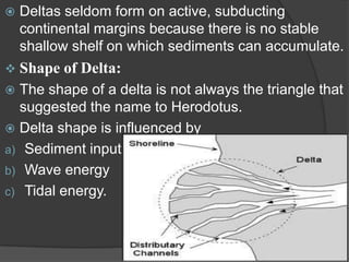    Deltas seldom form on active, subducting
    continental margins because there is no stable
    shallow shelf on which sediments can accumulate.
 Shape   of Delta:
 The shape of a delta is not always the triangle that
  suggested the name to Herodotus.
 Delta shape is influenced by
a) Sediment input
b) Wave energy
c) Tidal energy.
 