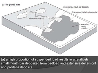 (a) a high proportion of suspended load results in a relatively
small mouth bar deposited from bedload and extensive delta-front
and prodelta deposits
 