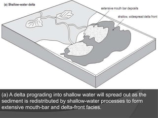 (a) A delta prograding into shallow water will spread out as the
sediment is redistributed by shallow-water processes to form
extensive mouth-bar and delta-front facies.
 