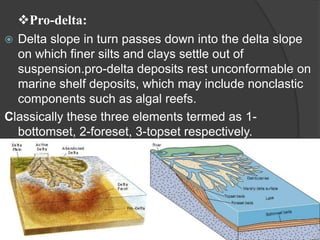 Pro-delta:
 Delta slope in turn passes down into the delta slope
  on which finer silts and clays settle out of
  suspension.pro-delta deposits rest unconformable on
  marine shelf deposits, which may include nonclastic
  components such as algal reefs.
Classically these three elements termed as 1-
  bottomset, 2-foreset, 3-topset respectively.
 