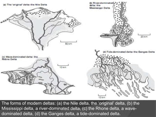 The forms of modern deltas: (a) the Nile delta, the „original‟ delta, (b) the
Mississippi delta, a river-dominated delta, (c) the Rhone delta, a wave-
dominated delta, (d) the Ganges delta, a tide-dominated delta.
 