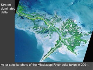 Stream-
dominated
delta




Aster satellite photo of the Mississippi River delta taken in 2001.
 