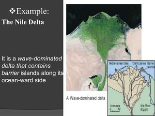 Example:
The Nile Delta




It is a wave-dominated
delta that contains
barrier islands along its
ocean-ward side
 