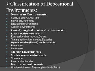 Classification of Depositional
Environments:
   Nonmarine Environments
   Colluvial and Alluvial fans
   Fluvial environments
   Lacustrine environments
   Aeolian environments
   Costal(marginal marine) Environments
   River mouth environments
   Regressive river mouths:Deltas
   Transgressive river mouths:Estuaries
   Open shoreline(beach) environments
   Foreshore
   backshore
   Marine Environments
   Shallow marine environments
   Shoreface
   Inner and outer shelf
   Deep marine environments
   Continental slope, Abyssal plain(basin floor)
 