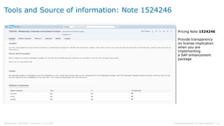 14© Sapprofession2020. All rights reserved |Pdelta Scope : SAP EHP8 | P.Demaria | 16-10-2020
Tools and Source of information: Note 1524246
Pricing Note 1524246
Provide transparency
on license implication
when you are
implementing
a SAP enhancement
package
 