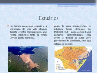 Estuários
 Em termos geológicos, estuário é a
terminação de uma vale afogado
durante eventos transgressivos, que
recebe sedimentos tanto de fontes
fluviais quanto marinhas..
• ponto de vista oceanográfico, os
estuários foram definidos por
Pritchard (1967) como corpos d’água
costeiros, semiconfinados, onde
ocorre a mistura de água doce,
proveniente do continente, com água
salgada do oceano.
 