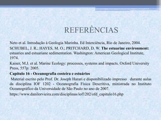 REFERÊNCIAS
Neto et al. Introdução à Geologia Marinha. Ed Interciência, Rio de Janeiro, 2004.
SCHUBEL, J. R.; HAYES, M. O.; PRITCHARD, D. W. The estuarine environment:
estuaries and estuariane sedimentation. Washington: American Geological Institute,
1974.
Kaiser, M.J. et al. Marine Ecology: processes, systems and impacts. Oxford University
Press, 557p: 2005.
Capítulo 16 - Oceanografia costeira e estuários
Material escrito pelo Prof. Dr. Joseph Harari e disponibilizado impresso durante aulas
da disciplina IOF 1202 - Oceanografia Física Descritiva, ministrada no Instituto
Oceanográfico da Universidade de São Paulo no ano de 2007.
https://www.danilorvieira.com/disciplinas/iof1202/ofd_capitulo16.php
 