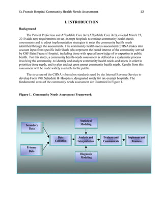 St.	
  Francis	
  Hospital	
  Community	
  Health-­‐Needs	
  Assessment	
  
	
  
13	
  
I. INTRODUCTION
Background
The Patient Protection and Affordable Care Act (Affordable Care Act), enacted March 23,
2010 adds new requirements on tax-exempt hospitals to conduct community health-needs
assessments and to adopt implementation strategies to meet the community health needs
identified through the assessments. This community health-needs assessment (CHNA) takes into
account input from specific individuals who represent the broad interest of the community served
by OSF/Saint Francis Hospital, including those with special knowledge of or expertise in public
health. For this study, a community health-needs assessment is defined as a systematic process
involving the community, to identify and analyze community health needs and assets in order to
prioritize these needs, and to plan and act upon unmet community health needs. Results from this
assessment will be made widely available to the public.
The structure of the CHNA is based on standards used by the Internal Revenue Service to
develop Form 990, Schedule H–Hospitals, designated solely for tax-exempt hospitals. The
fundamental areas of the community needs assessment are illustrated in Figure 1.
Figure 1. Community Needs Assessment Framework
 
