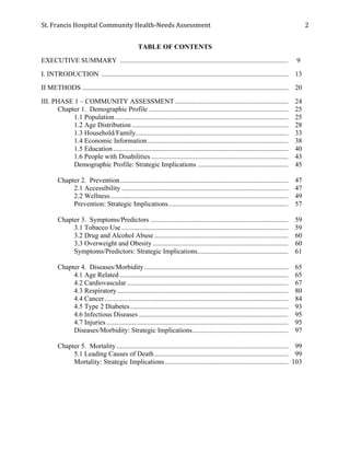 St.	
  Francis	
  Hospital	
  Community	
  Health-­‐Needs	
  Assessment	
  
	
  
2	
  
TABLE OF CONTENTS
EXECUTIVE SUMMARY .................................................................................................. 9
I. INTRODUCTION ............................................................................................................. 13
II METHODS ........................................................................................................................ 20
III. PHASE 1 – COMMUNITY ASSESSMENT .................................................................. 24
Chapter 1. Demographic Profile ................................................................................. 25
1.1 Population..................................................................................................... 25
1.2 Age Distribution ........................................................................................... 28
1.3 Household/Family......................................................................................... 33
1.4 Economic Information.................................................................................. 38
1.5 Education...................................................................................................... 40
1.6 People with Disabilities................................................................................ 43
Demographic Profile: Strategic Implications ..................................................... 45
Chapter 2. Prevention.................................................................................................. 47
2.1 Accessibility ................................................................................................. 47
2.2 Wellness........................................................................................................ 49
Prevention: Strategic Implications...................................................................... 57
Chapter 3. Symptoms/Predictors ................................................................................ 59
3.1 Tobacco Use ................................................................................................. 59
3.2 Drug and Alcohol Abuse .............................................................................. 60
3.3 Overweight and Obesity ............................................................................... 60
Symptoms/Predictors: Strategic Implications..................................................... 61
Chapter 4. Diseases/Morbidity.................................................................................... 65
4.1 Age Related .................................................................................................. 65
4.2 Cardiovascular.............................................................................................. 67
4.3 Respiratory.................................................................................................... 80
4.4 Cancer........................................................................................................... 84
4.5 Type 2 Diabetes............................................................................................ 93
4.6 Infectious Diseases ....................................................................................... 95
4.7 Injuries.......................................................................................................... 95
Diseases/Morbidity: Strategic Implications........................................................ 97
Chapter 5. Mortality .................................................................................................... 99
5.1 Leading Causes of Death.............................................................................. 99
Mortality: Strategic Implications........................................................................ 103
 