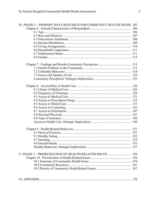 St.	
  Francis	
  Hospital	
  Community	
  Health-­‐Needs	
  Assessment	
  
	
  
3	
  
IV. PHASE 2 – PRIMARY DATA RESEARCH FOR COMMUNITY HEALTH NEEDS 105
Chapter 6. General Characteristics of Respondents ................................................... 106
6.1 Age................................................................................................................ 106
6.2 Race and Ethnicity........................................................................................ 107
6.3 Educational Attainment ................................................................................ 108
6.4 Income Distribution...................................................................................... 109
6.5 Living Arrangements.................................................................................... 110
6.6 Household Composition ............................................................................... 111
6.7 Employment Status....................................................................................... 111
6.8 Gender........................................................................................................... 112
Chapter 7. Findings and Results Community Perceptions.......................................... 113
7.1 Health Problems in the Community ............................................................. 113
7.2 Unhealthy Behaviors .................................................................................... 118
7.3 Issues with Quality of Life ........................................................................... 123
Community Perceptions: Strategic Implications ................................................ 125
Chapter 8. Accessibility to Health Care...................................................................... 126
8.1 Choice of Medical Care................................................................................ 126
8.2 Frequency of Checkups ................................................................................ 128
8.3 Access to Medical Care ................................................................................ 131
8.4 Access to Prescription Drugs........................................................................ 135
8.5 Access to Dental Care................................................................................... 137
8.6 Access to Counseling.................................................................................... 143
8.7 Access to Information................................................................................... 147
8.8 Personal Physician........................................................................................ 147
8.9 Type of Insurance ......................................................................................... 149
Access to Health Care: Strategic Implications ................................................... 149
Chapter 9. Health-Related Behaviors.......................................................................... 151
9.1 Physical Exercise.......................................................................................... 151
9.2 Healthy Eating .............................................................................................. 152
9.3 Smoking........................................................................................................ 153
9.4 Overall Health............................................................................................... 155
Healthy Behaviors: Strategic Implications......................................................... 157
V. PHASE 3 – PRIORITIZATION OF HEALTH-RELATED ISSUES .............................. 159
Chapter 10. Prioritization of Health-Related Issues.................................................... 159
10.1 Summary of Community Health Issues...................................................... 159
10.2 Community Resources................................................................................ 161
10.3 Priority of Community Heath-Related Issues............................................. 167
VI. APPENDIX...................................................................................................................... 170
 
