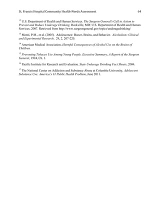 St.	
  Francis	
  Hospital	
  Community	
  Health-­‐Needs	
  Assessment	
  
	
  
64	
  
12
U.S. Department of Health and Human Services. The Surgeon General's Call to Action to
Prevent and Reduce Underage Drinking. Rockville, MD: U.S. Department of Health and Human
Services; 2007. Retrieved from http://www.surgeongeneral.gov/topics/underagedrinking/
13
Monti, P.M., et al. (2005). Adolescence: Booze, Brains, and Behavior. Alcoholism: Clinical
and Experimental Research. 29, 2, 207-220.
14
American Medical Association, Harmful Consequences of Alcohol Use on the Brains of
Children.
15
Preventing Tobacco Use Among Young People, Executive Summary, A Report of the Surgeon
General, 1994, Ch. 1.
16
Pacific Institute for Research and Evaluation, State Underage Drinking Fact Sheets, 2004.
17
The National Center on Addiction and Substance Abuse at Columbia University, Adolescent
Substance Use: America’s #1 Public Health Problem, June 2011.
 