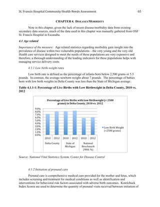 St.	
  Francis	
  Hospital	
  Community	
  Health-­‐Needs	
  Assessment	
  
	
  
65	
  
CHAPTER 4. DISEASES/MORBIDITY
Note in this chapter, given the lack of recent disease/morbidity data from existing
secondary data sources, much of the data used in this chapter was manually gathered from OSF
St. Francis Hospital in Escanaba.
4.1 Age related
Importance of the measure: Age related statistics regarding morbidity gain insight into the
prevalence of disease within two vulnerable populations – the very young and the very old.
Health care services designed to meet the needs of these populations are very expensive and
therefore, a thorough understanding of the leading indicators for these populations helps with
managing service delivery costs.
4.1.1 Low birth-weight rates
Low birth rate is defined as the percentage of infants born below 2,500 grams or 5.5
pounds. In contrast, the average newborn weighs about 7 pounds. The percentage of babies
born with low birth weights in Delta County was less than the State of Michigan average.
Table 4.1.1-1:Percentage of Live Births with Low Birthweight in Delta County, 2010 vs.
2012
Source: National Vital Statistics System, Center for Disease Control
4.1.2 Initiation of prenatal care
Prenatal care is comprehensive medical care provided for the mother and fetus, which
includes screening and treatment for medical conditions as well as identification and
interventions for behavioral risk factors associated with adverse birth outcomes. Kotelchuck
Index Scores are used to determine the quantity of prenatal visits received between initiation of
0.0%	
  
1.0%	
  
2.0%	
  
3.0%	
  
4.0%	
  
5.0%	
  
6.0%	
  
7.0%	
  
8.0%	
  
9.0%	
  
2010	
   2012	
   2010	
   2012	
   2010	
   2012	
  
Delta	
  County	
   State	
  of	
  
Michigan	
  
National	
  
Benchmark	
  
(90th	
  %)	
  
Percentage	
  of	
  Live	
  Births	
  with	
  Low	
  Birthweight	
  (<	
  2500	
  
grams)	
  in	
  Delta	
  County,	
  2010	
  vs.	
  2012	
  	
  
Low	
  Birth	
  Weight	
  
(<2500	
  grams)	
  
 