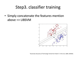 Step3. classifier training
• Simply concatenate the features mention
above => LIBSVM
“Automatic Discovery of Technology Trends from Patent”, Y. Kim et al. 2009, ACMSAC
 