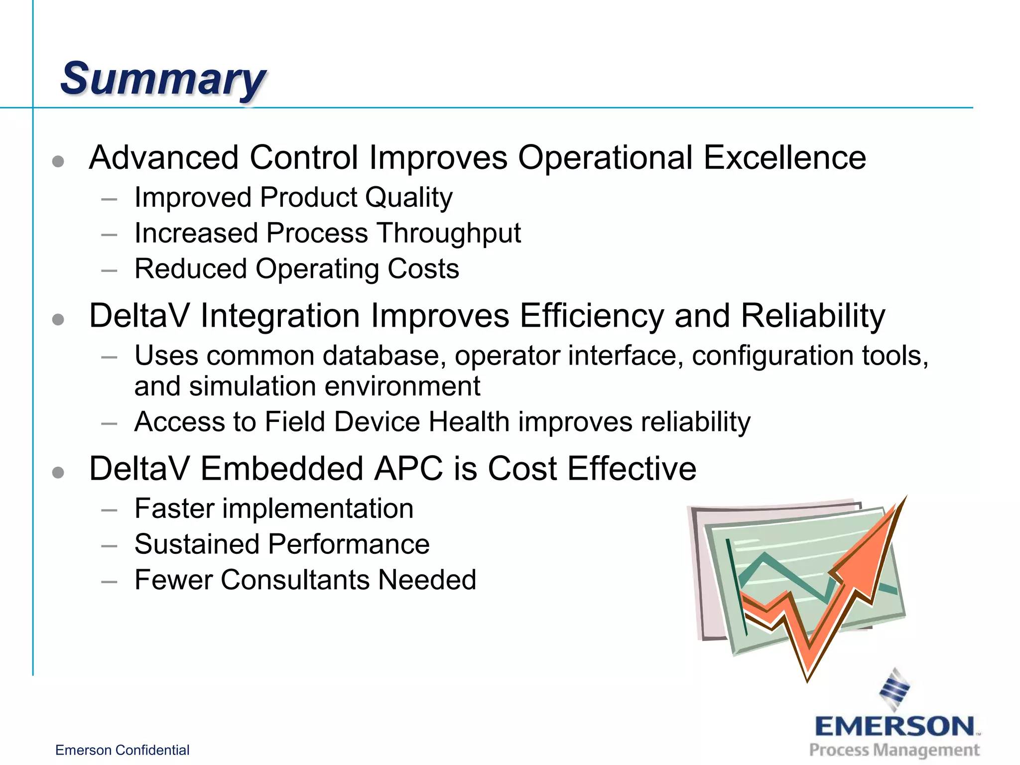 Summary
   Advanced Control Improves Operational Excellence
      – Improved Product Quality
      – Increased Process Throughput
      – Reduced Operating Costs
   DeltaV Integration Improves Efficiency and Reliability
      – Uses common database, operator interface, configuration tools,
        and simulation environment
      – Access to Field Device Health improves reliability
   DeltaV Embedded APC is Cost Effective
      – Faster implementation
      – Sustained Performance
      – Fewer Consultants Needed




Emerson Confidential
 