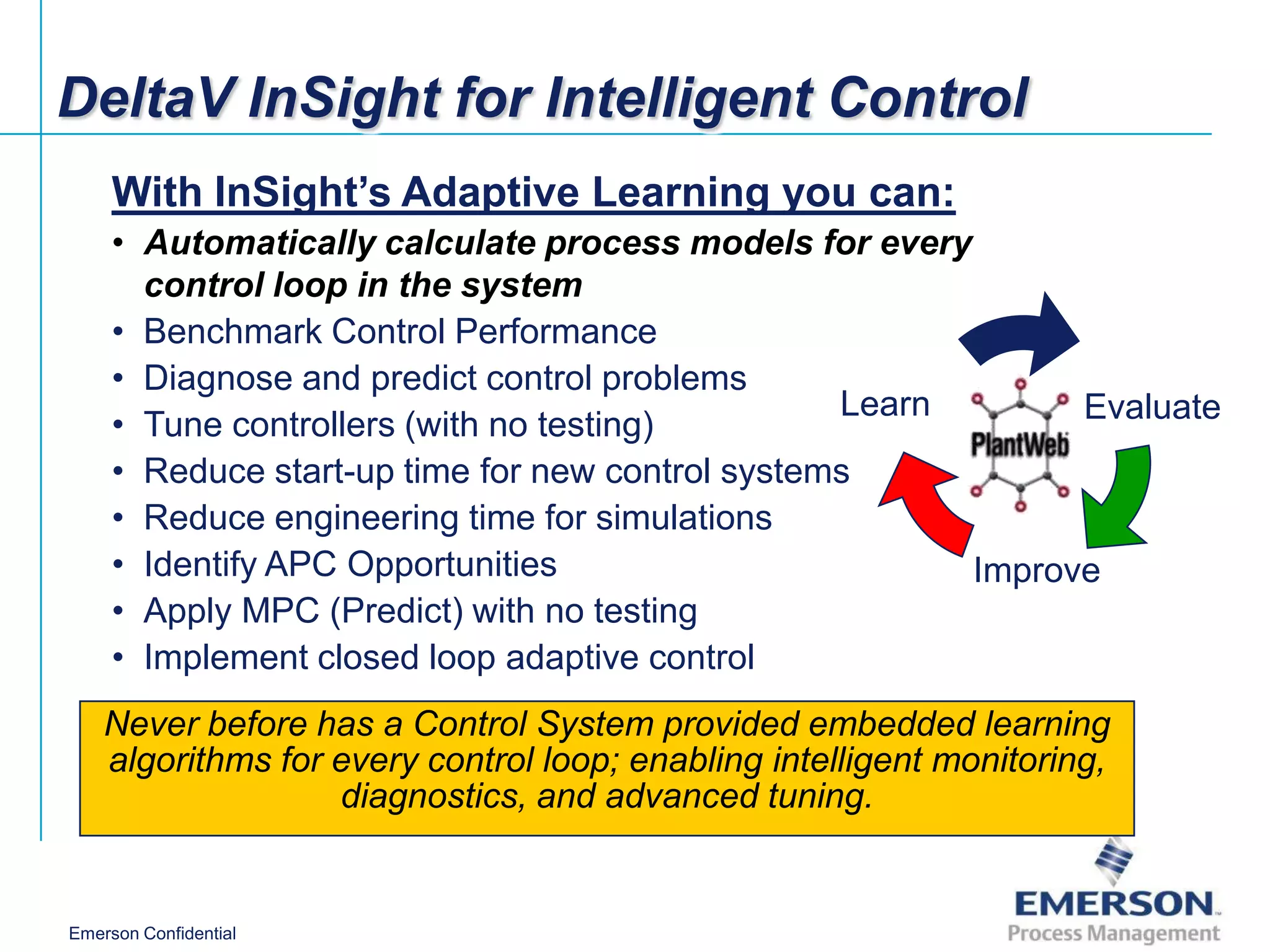 DeltaV InSight for Intelligent Control
     With InSight’s Adaptive Learning you can:
     • Automatically calculate process models for every
       control loop in the system
     • Benchmark Control Performance
     • Diagnose and predict control problems
                                                  Learn       Evaluate
     • Tune controllers (with no testing)
     • Reduce start-up time for new control systems
     • Reduce engineering time for simulations
     • Identify APC Opportunities                       Improve
     • Apply MPC (Predict) with no testing
     • Implement closed loop adaptive control
    Never before has a Control System provided embedded learning
    algorithms for every control loop; enabling intelligent monitoring,
                   diagnostics, and advanced tuning.


Emerson Confidential
 