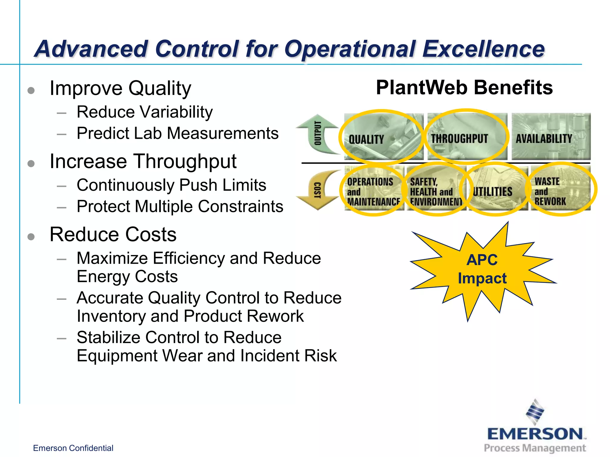 Advanced Control for Operational Excellence
   Improve Quality                         PlantWeb Benefits
     – Reduce Variability
     – Predict Lab Measurements
   Increase Throughput
     – Continuously Push Limits
     – Protect Multiple Constraints
   Reduce Costs
     – Maximize Efficiency and Reduce               APC
       Energy Costs                                Impact
     – Accurate Quality Control to Reduce
       Inventory and Product Rework
     – Stabilize Control to Reduce
       Equipment Wear and Incident Risk




Emerson Confidential
 