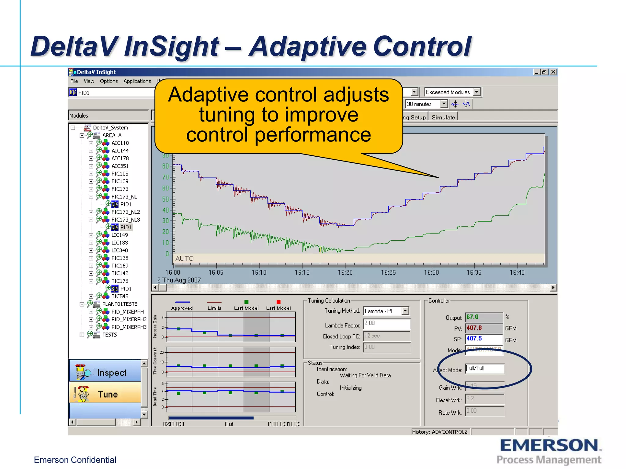 DeltaV InSight – Adaptive Control
                       Adaptive control adjusts
                         tuning to improve
                        control performance




Emerson Confidential
 