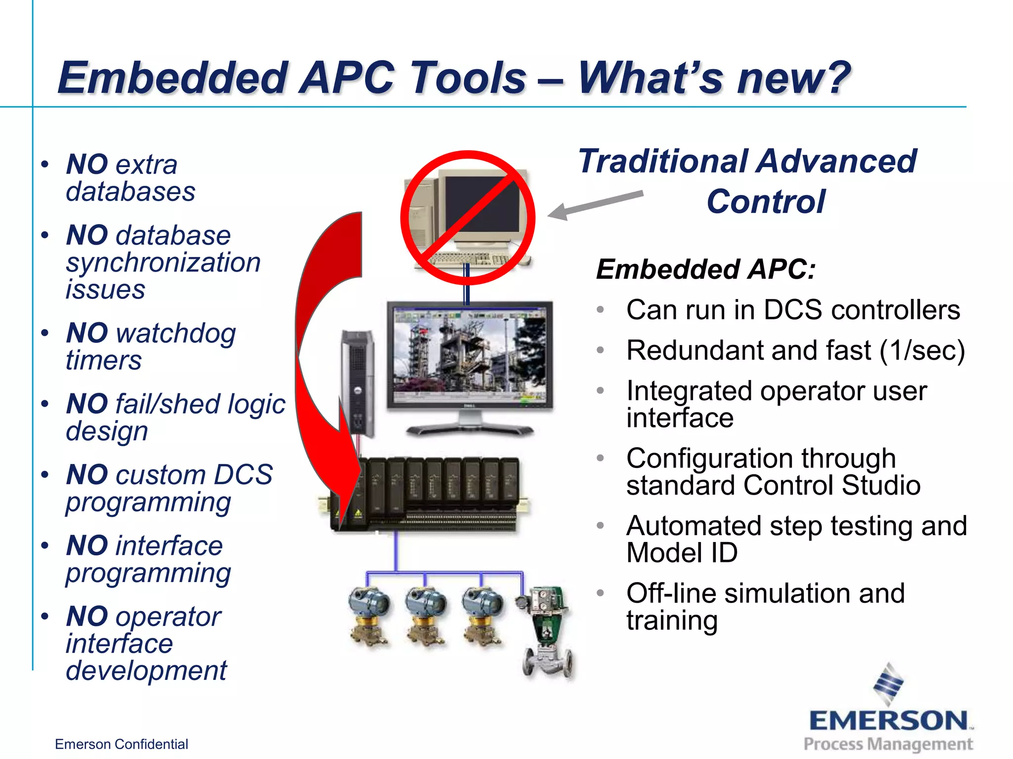 Embedded APC Tools – What’s new?
• NO extra              Traditional Advanced
  databases                     Control
• NO database
  synchronization        Embedded APC:
  issues
                         • Can run in DCS controllers
• NO watchdog
  timers                 • Redundant and fast (1/sec)
• NO fail/shed logic     • Integrated operator user
  design                   interface
                         • Configuration through
• NO custom DCS            standard Control Studio
  programming
                         • Automated step testing and
• NO interface             Model ID
  programming
                         • Off-line simulation and
• NO operator              training
  interface
  development

 Emerson Confidential
 