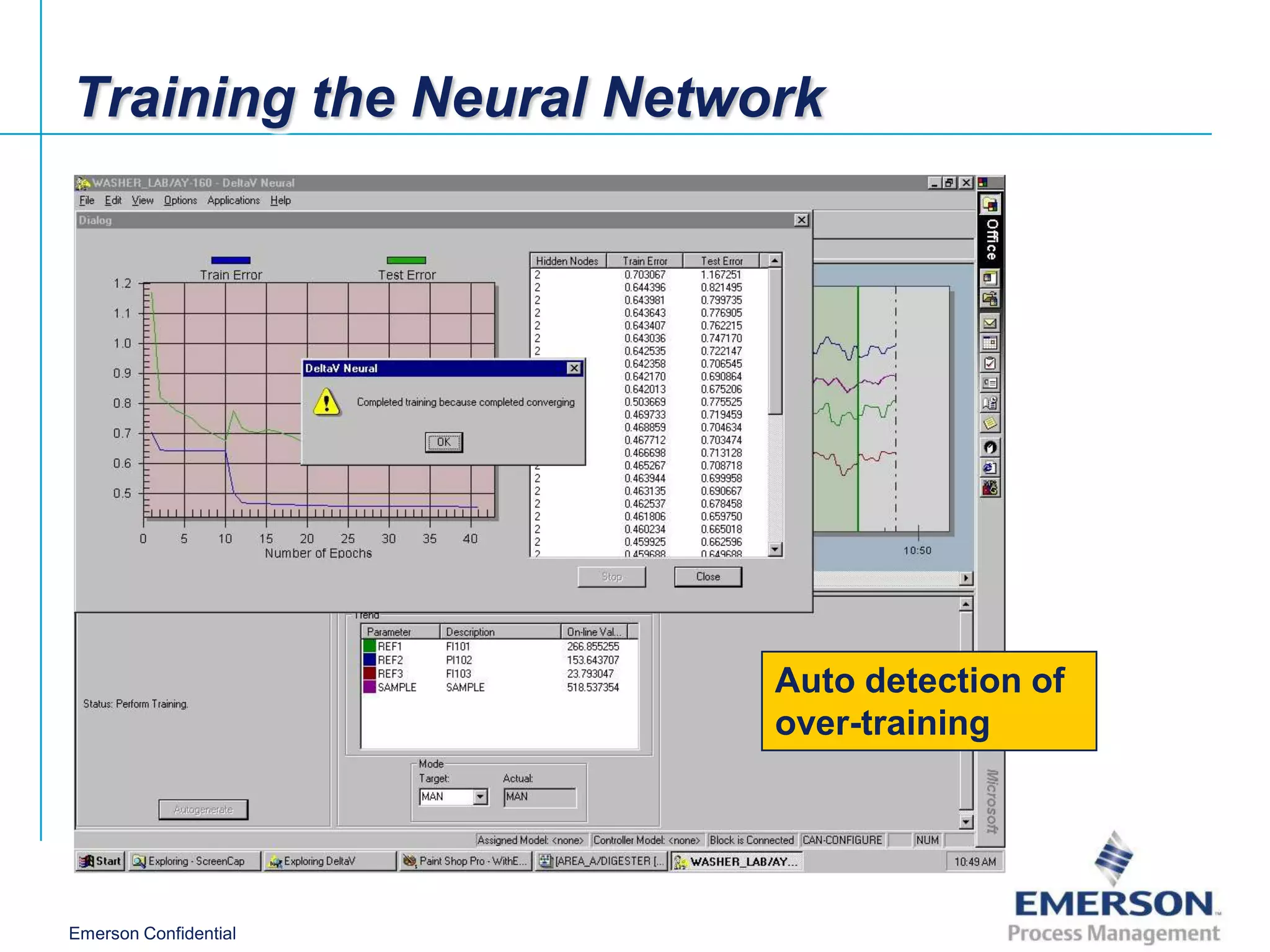 Training the Neural Network




                         Auto detection of
                         over-training




Emerson Confidential
 