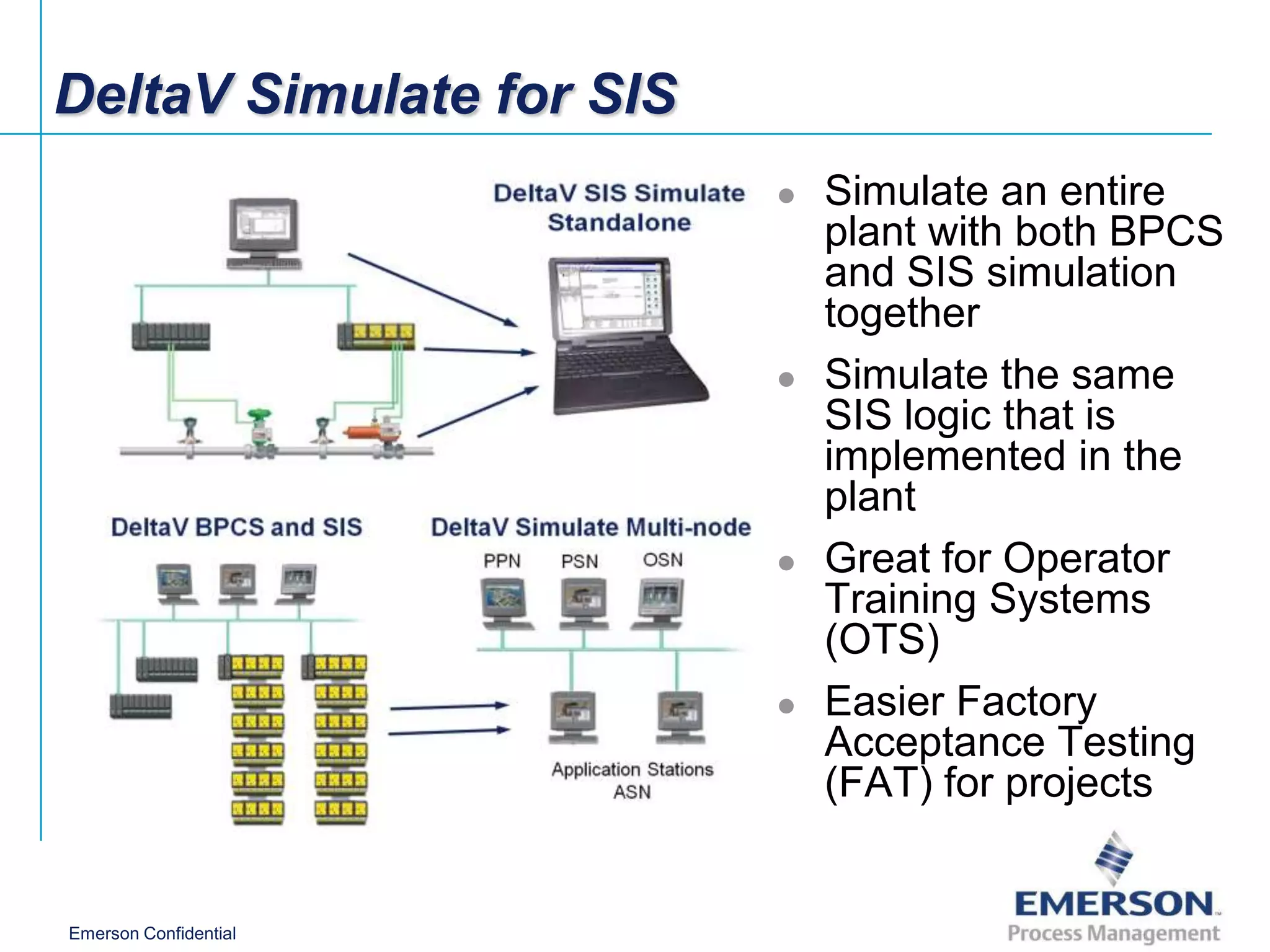 DeltaV Simulate for SIS
                             Simulate an entire
                              plant with both BPCS
                              and SIS simulation
                              together
                             Simulate the same
                              SIS logic that is
                              implemented in the
                              plant
                             Great for Operator
                              Training Systems
                              (OTS)
                             Easier Factory
                              Acceptance Testing
                              (FAT) for projects


Emerson Confidential
 