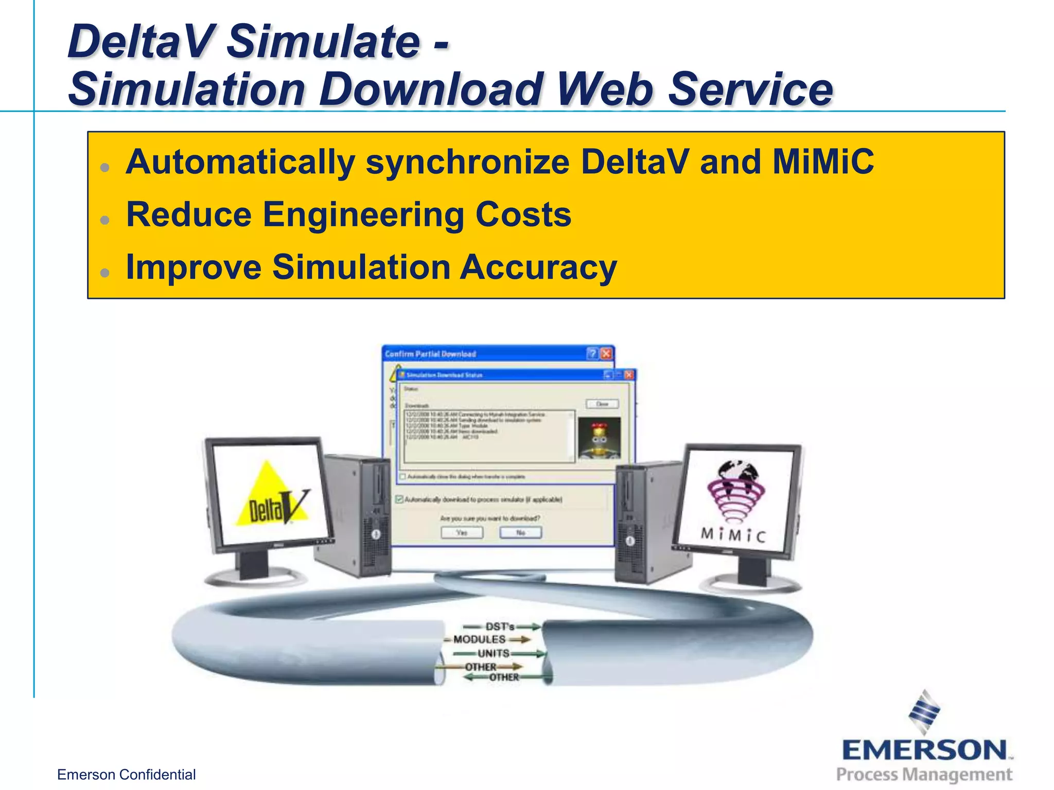 DeltaV Simulate -
 Simulation Download Web Service
     ●   Automatically synchronize DeltaV and MiMiC
     ●   Reduce Engineering Costs
     ●   Improve Simulation Accuracy




Emerson Confidential
 