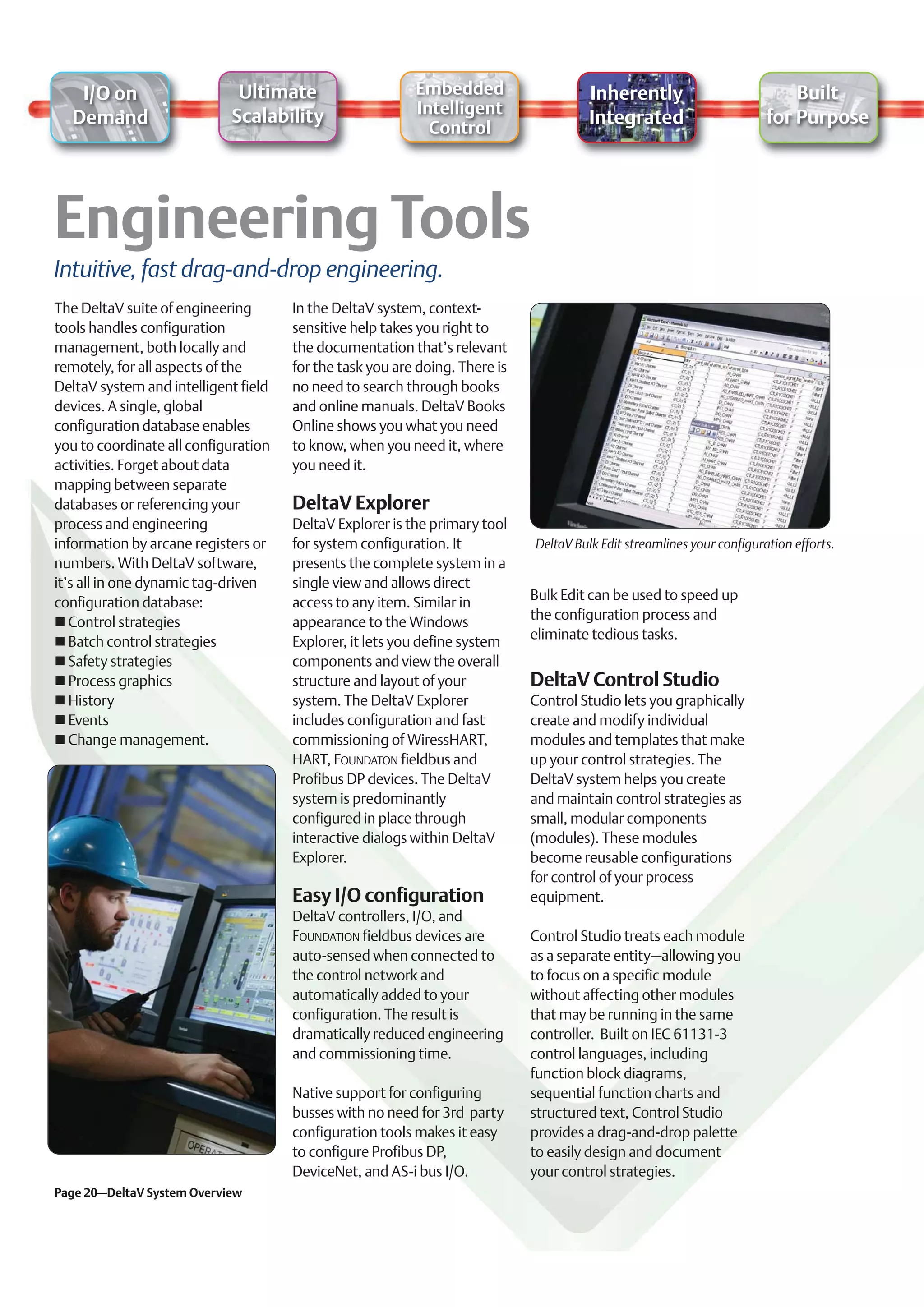 I/O on                    Ultimate                     Embedded                     Inherently                           Built
                            Scalability                   Intelligent
  Demand                                                                               Integrated                       for Purpose
                                                            Control




Intuitive, fast drag-and-drop engineering.
The DeltaV suite of engineering       In the DeltaV system, context-
tools handles configuration           sensitive help takes you right to
management, both locally and          the documentation that’s relevant
remotely, for all aspects of the      for the task you are doing. There is
DeltaV system and intelligent field   no need to search through books
devices. A single, global             and online manuals. DeltaV Books
configuration database enables        Online shows you what you need
you to coordinate all configuration   to know, when you need it, where
activities. Forget about data         you need it.
mapping between separate
databases or referencing your         DeltaV Explorer
process and engineering               DeltaV Explorer is the primary tool
information by arcane registers or    for system configuration. It           DeltaV Bulk Edit streamlines your configuration efforts.
numbers. With DeltaV software,        presents the complete system in a
it’s all in one dynamic tag-driven    single view and allows direct
configuration database:               access to any item. Similar in         Bulk Edit can be used to speed up
   Control strategies                 appearance to the Windows              the configuration process and
   Batch control strategies           Explorer, it lets you define system    eliminate tedious tasks.
   Safety strategies                  components and view the overall
   Process graphics                   structure and layout of your           DeltaV Control Studio
   History                            system. The DeltaV Explorer            Control Studio lets you graphically
   Events                             includes configuration and fast        create and modify individual
   Change management.                 commissioning of WiressHART,           modules and templates that make
                                      HART, FOUNDATON fieldbus and           up your control strategies. The
                                      Profibus DP devices. The DeltaV        DeltaV system helps you create
                                      system is predominantly                and maintain control strategies as
                                      configured in place through            small, modular components
                                      interactive dialogs within DeltaV      (modules). These modules
                                      Explorer.                              become reusable configurations
                                                                             for control of your process
                                      Easy I/O configuration                 equipment.
                                      DeltaV controllers, I/O, and
                                      FOUNDATION fieldbus devices are        Control Studio treats each module
                                      auto-sensed when connected to          as a separate entity–allowing you
                                      the control network and                to focus on a specific module
                                      automatically added to your            without affecting other modules
                                      configuration. The result is           that may be running in the same
                                      dramatically reduced engineering       controller. Built on IEC 61131-3
                                      and commissioning time.                control languages, including
                                                                             function block diagrams,
                                      Native support for configuring         sequential function charts and
                                      busses with no need for 3rd party      structured text, Control Studio
                                      configuration tools makes it easy      provides a drag-and-drop palette
                                      to configure Profibus DP,              to easily design and document
                                      DeviceNet, and AS-i bus I/O.           your control strategies.
Page 20–DeltaV System Overview
 