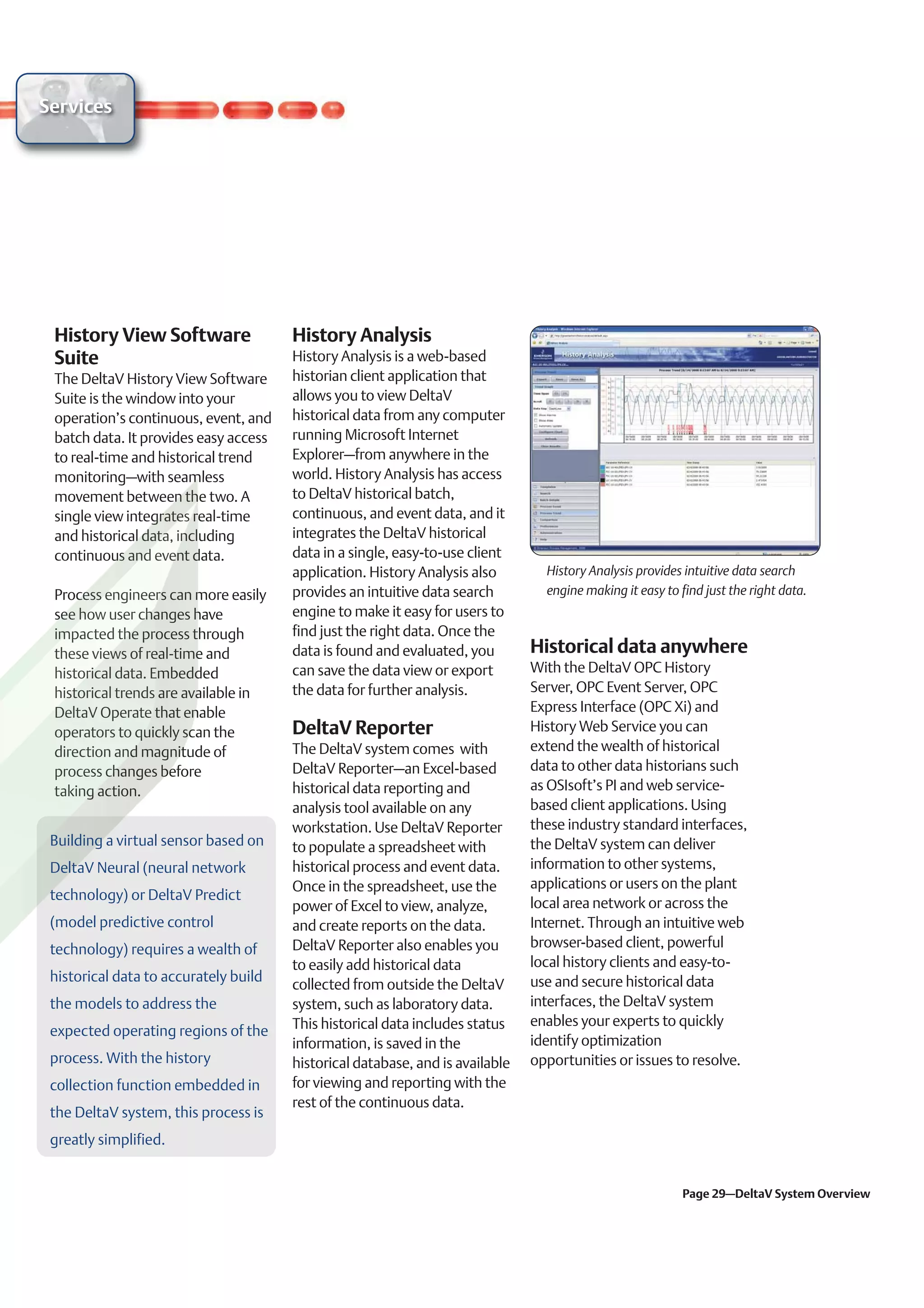 Services




 History View Software                 History Analysis
 Suite                                 History Analysis is a web-based
 The DeltaV History View Software      historian client application that
 Suite is the window into your         allows you to view DeltaV
 operation’s continuous, event, and    historical data from any computer
 batch data. It provides easy access   running Microsoft Internet
 to real-time and historical trend     Explorer–from anywhere in the
 monitoring–with seamless              world. History Analysis has access
 movement between the two. A           to DeltaV historical batch,
 single view integrates real-time      continuous, and event data, and it
 and historical data, including        integrates the DeltaV historical
 continuous and event data.            data in a single, easy-to-use client
                                       application. History Analysis also        History Analysis provides intuitive data search
 Process engineers can more easily     provides an intuitive data search         engine making it easy to find just the right data.
 see how user changes have             engine to make it easy for users to
 impacted the process through          find just the right data. Once the
 these views of real-time and          data is found and evaluated, you        Historical data anywhere
 historical data. Embedded             can save the data view or export        With the DeltaV OPC History
 historical trends are available in    the data for further analysis.          Server, OPC Event Server, OPC
 DeltaV Operate that enable                                                    Express Interface (OPC Xi) and
 operators to quickly scan the         DeltaV Reporter                         History Web Service you can
 direction and magnitude of            The DeltaV system comes with            extend the wealth of historical
 process changes before                DeltaV Reporter–an Excel-based          data to other data historians such
 taking action.                        historical data reporting and           as OSIsoft’s PI and web service-
                                       analysis tool available on any          based client applications. Using
                                       workstation. Use DeltaV Reporter        these industry standard interfaces,
 Building a virtual sensor based on    to populate a spreadsheet with          the DeltaV system can deliver
 DeltaV Neural (neural network         historical process and event data.      information to other systems,
                                       Once in the spreadsheet, use the        applications or users on the plant
 technology) or DeltaV Predict
                                       power of Excel to view, analyze,        local area network or across the
 (model predictive control             and create reports on the data.         Internet. Through an intuitive web
 technology) requires a wealth of      DeltaV Reporter also enables you        browser-based client, powerful
                                       to easily add historical data           local history clients and easy-to-
 historical data to accurately build                                           use and secure historical data
                                       collected from outside the DeltaV
 the models to address the             system, such as laboratory data.        interfaces, the DeltaV system
                                       This historical data includes status    enables your experts to quickly
 expected operating regions of the
                                       information, is saved in the            identify optimization
 process. With the history             historical database, and is available   opportunities or issues to resolve.
 collection function embedded in       for viewing and reporting with the
                                       rest of the continuous data.
 the DeltaV system, this process is
 greatly simplified.


                                                                                                           Page 29–DeltaV System Overview
 