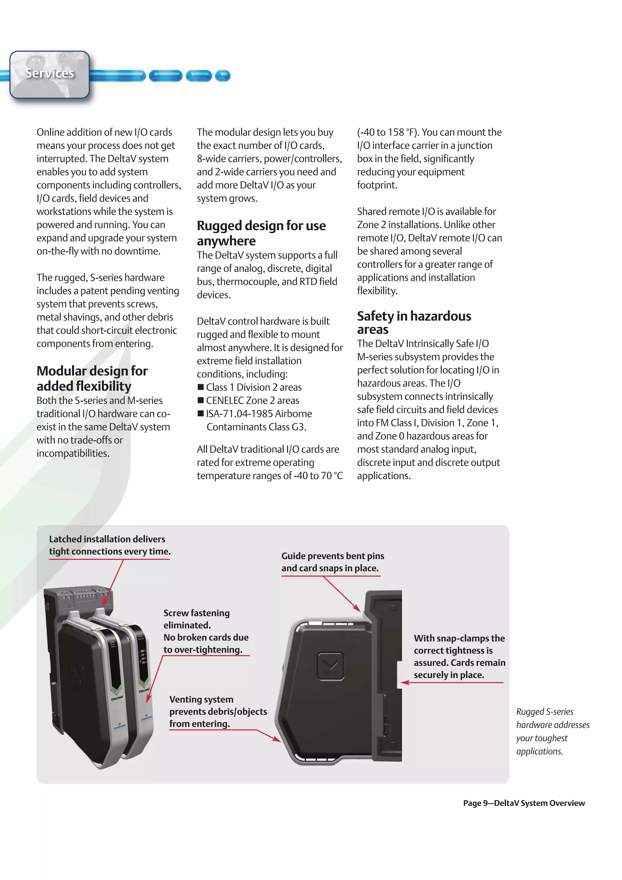 Services



 Online addition of new I/O cards      The modular design lets you buy        (-40 to 158 °F). You can mount the
 means your process does not get       the exact number of I/O cards,         I/O interface carrier in a junction
 interrupted. The DeltaV system        8-wide carriers, power/controllers,    box in the field, significantly
 enables you to add system             and 2-wide carriers you need and       reducing your equipment
 components including controllers,     add more DeltaV I/O as your            footprint.
 I/O cards, field devices and          system grows.
 workstations while the system is                                             Shared remote I/O is available for
 powered and running. You can          Rugged design for use                  Zone 2 installations. Unlike other
 expand and upgrade your system        anywhere                               remote I/O, DeltaV remote I/O can
 on-the-fly with no downtime.          The DeltaV system supports a full      be shared among several
                                       range of analog, discrete, digital     controllers for a greater range of
 The rugged, S-series hardware         bus, thermocouple, and RTD field       applications and installation
 includes a patent pending venting     devices.                               flexibility.
 system that prevents screws,
 metal shavings, and other debris      DeltaV control hardware is built       Safety in hazardous
 that could short-circuit electronic   rugged and flexible to mount           areas
 components from entering.             almost anywhere. It is designed for    The DeltaV Intrinsically Safe I/O
                                       extreme field installation             M-series subsystem provides the
 Modular design for                    conditions, including:                 perfect solution for locating I/O in
 added flexibility                       Class 1 Division 2 areas             hazardous areas. The I/O
 Both the S-series and M-series          CENELEC Zone 2 areas                 subsystem connects intrinsically
 traditional I/O hardware can co-        ISA-71.04-1985 Airborne              safe field circuits and field devices
 exist in the same DeltaV system         Contaminants Class G3.               into FM Class I, Division 1, Zone 1,
 with no trade-offs or                                                        and Zone 0 hazardous areas for
 incompatibilities.                    All DeltaV traditional I/O cards are   most standard analog input,
                                       rated for extreme operating            discrete input and discrete output
                                       temperature ranges of -40 to 70 °C     applications.




    Latched installation delivers
    tight connections every time.
                                                           Guide prevents bent pins
                                                           and card snaps in place.



                                Screw fastening
                                eliminated.
                                No broken cards due                                         With snap-clamps the
                                to over-tightening.                                         correct tightness is
                                                                                            assured. Cards remain
                                                                                            securely in place.

                                 Venting system
                                 prevents debris/objects                                                              Rugged S-series
                                 from entering.                                                                       hardware addresses
                                                                                                                      your toughest
                                                                                                                      applications.




                                                                                                         Page 9–DeltaV System Overview
 