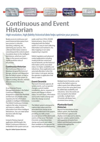 I/O on                      Ultimate                       Embedded                    Inherently                       Built
                               Scalability                     Intelligent
   Demand                                                                                  Integrated                   for Purpose
                                                                 Control




High resolution, high fidelity historical data helps optimize your process.
Ready access to continuous and            easily scale from 250 to 30,000
event historical information from         historical items. Since it’s fully
your process is critical to               integrated with the DeltaV
operating, analyzing, and                 system, it’s easy to start collecting
optimizing your process. This             information and maintain it. No
collected information needs to            data mapping or non-value
extend beyond the control system          engineering is required.
boundaries down to the intelligent
field devices, which are much             DeltaV regulatory and advanced
closer to the process and have a          control applications including
higher resolution view of                 model predictive control and
the process.                              neural networks use the historical
                                          information and its associated
Continuous Historian                      status. For higher availability and
The Continuous Historian is a             robustness, these applications can
database designed for historical          automatically detect when the
storage, retrieval, and integration       item status is not good, alerting
into the DeltaV system, as well as        the operator or application that
open access from the system. It           data is suspect.
captures analog, discrete, and text
data and stores it for future             Event Chronicle                         Multiple Event Chronicles can be
analysis.                                 The Event Chronicle captures all        used in the DeltaV system to
                                          system events, such as operator         collect events from different plant
As an Emerson Process                     changes, control module                 areas or from the same plant areas
Management product, the DeltaV            installations, alarms, sequence of      for added data availability and
Continuous Historian was                  events and changes in device            robustness. Since the events are
designed to support the PlantWeb          status. For each event, information     time stamped in the DeltaV
architecture and provide a data           such as who made a change and           controller, multiple Event
repository for the information            when the change occurred                Chronicles will always have
available in intelligent field devices.   is recorded.                            consistent time stamps.
The DeltaV Continuous Historian
captures the value, timestamp,            The DeltaV system is designed to        Plantwide Event
and status or validity of the             capture data values and their           Historian
information from these intelligent        associated time stamps at the           Beyond the boundaries of your
field devices. You can make better        lowest possible level in the system,    DeltaV system, the Plantwide
decisions with this high                  providing you with a more               Event Historian captures and
fidelity data.                            accurate picture of the alarms and      displays event data such as alarms,
                                          events as they occur. The Event         operator actions, system events,
Instead of being a layered                Chronicle receives these time           and sequences of events from
application afterthought, the             stamps and events and makes             DeltaV and third-party automation
DeltaV Continuous Historian is            them available to the operator for      systems throughout the
embedded in the system and can            easy viewing and troubleshooting.       entire plant.
Page 28–DeltaV System Overview
 