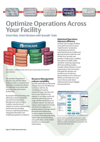 I/O on                      Ultimate                        Embedded                  Inherently                           Built
                               Scalability                      Intelligent
   Demand                                                                                 Integrated                       for Purpose
                                                                  Control




Smart Data. Smart Decisions with Syncade Suite.                            TM




                                                                                Optimized Operations
                                                                                improves efficiency
                                                                                Syncade suite manages workflow
                                                                                across plant functions to assure
                                                                                “right-first-time” production.
                                                                                Coordinating manual and
                                                                                automated processes enables your
                                                                                plant personnel to make the most
                                                                                of their time. Syncade suite
                                                                                provides a single recipe / workflow
                                                                                that adheres to ISA88 / ISA95
                                                                                standards–reducing engineering
                                                                                efforts by enabling modular,
                                                                                reusable software libraries. Forced
The modular, scalable Syncade suite increases productivity and maximizes        sequencing or work instructions
asset utilization.                                                              that guide the operator and
                                                                                provide access to reference
                                                                                documentation (such as SOPs and
                                                                                MSDS) can eliminate errors and
The seamless integration of               Resource Management                   ensure that accurate data is
Syncade suite with the DeltaV             reduces variability                   collected and omissions flagged
system provides a comprehensive           Syncade suite helps you effectively   during production.
operations management solution            manage resources and allows you
that optimizes across plant-wide          to do more with less. By
work processes and increases              scheduling and tracking
productivity.                             equipment usage, Syncade suite
                                          can increase manufacturing
By using the latest technology and        capacity. It can reduce waste and
adhering to industry standards,           rework by optimizing material
Syncade Smart Operations                  usage and eliminating the use of
Management suite provides a               outdated material. Syncade suite
modular, manufacturing IT                 replaces paper equipment records
solution to increase manufacturing        with electronic logbooks by
performance by managing                   guiding operators through manual
resources, optimizing operations,         processes and enabling easy
integrating information and               access to support documents–
simplifying regulatory compliance.        resulting in improved productivity.
                                          Additionally, personnel training      Recipe Authoring provides a quick way to create
                                          and qualifications can be verified    integrated orders and recipes–using standardized
                                          real-time to ensure proper            libraries, modular building block construction and
                                          authorization.                        drag-and-drop design tools.


Page 32–DeltaV System Overview
 
