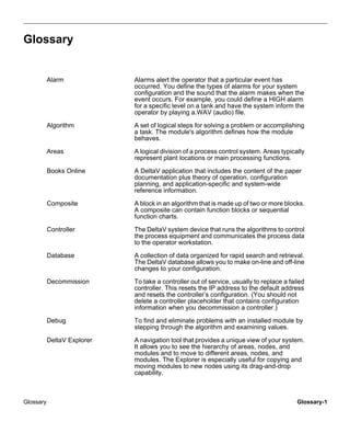 Glossary Glossary-1
Glossary
Alarm Alarms alert the operator that a particular event has
occurred. You define the types of alarms for your system
configuration and the sound that the alarm makes when the
event occurs. For example, you could define a HIGH alarm
for a specific level on a tank and have the system inform the
operator by playing a.WAV (audio) file.
Algorithm A set of logical steps for solving a problem or accomplishing
a task. The module's algorithm defines how the module
behaves.
Areas A logical division of a process control system. Areas typically
represent plant locations or main processing functions.
Books Online A DeltaV application that includes the content of the paper
documentation plus theory of operation, configuration
planning, and application-specific and system-wide
reference information.
Composite A block in an algorithm that is made up of two or more blocks.
A composite can contain function blocks or sequential
function charts.
Controller The DeltaV system device that runs the algorithms to control
the process equipment and communicates the process data
to the operator workstation.
Database A collection of data organized for rapid search and retrieval.
The DeltaV database allows you to make on-line and off-line
changes to your configuration.
Decommission To take a controller out of service, usually to replace a failed
controller. This resets the IP address to the default address
and resets the controller’s configuration. (You should not
delete a controller placeholder that contains configuration
information when you decommission a controller.)
Debug To find and eliminate problems with an installed module by
stepping through the algorithm and examining values.
DeltaV Explorer A navigation tool that provides a unique view of your system.
It allows you to see the hierarchy of areas, nodes, and
modules and to move to different areas, nodes, and
modules. The Explorer is especially useful for copying and
moving modules to new nodes using its drag-and-drop
capability.
 