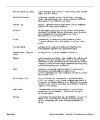 Glossary-2 Getting Started with Your DeltaV Digital Automation System
Device Signal Tag (DST) A Device Signal Tag consists of a Device Tag and a specific
signal from that device.
DeltaV Workstation A personal computer running the Windows operating
system. One workstation can handle as many as 512 I/O
channels from four different controllers.
Device Tag Device Tags represent the instruments, valves, and other
field devices in your DeltaV system.
Dynamo Graphic objects stored in a library that you use to create
pictures in the DeltaV Operate application. Many dynamos
are available that represent modules, devices, or
characteristics of your system.
Event A noteworthy occurrence in your process or system.
Typically, you want the system to react to and record an
event.
Function Block A logical processing unit of software that defines the
behavior of an algorithm for a particular module.
Function Block Diagram
(FBD)
A diagram that contains multiple function blocks.
History A chronological record of events, including the settings and
changes made to a module. This record of events can be
referenced to gain information about a particular run or lot of
the product, or to show that the process complied with quality
guidelines or government regulations.
Hub A device in a network that consolidates control network
connections and routes communications. All
communications devices on a hub-based network connect to
one or more hubs.
Input/Output (I/O) Signal reception and transmission or signal interfacing.
Input, for a process control device, involves accepting and
processing signals from field devices. Output, for a process
control device, involves converting commands into electrical
signals to field devices.
I/O Carrier The assembly that provides power and communication
connections for the DeltaV I/O Interface Modules and
termination blocks.
Library A repository for objects that are intended to be reused. The
library in the DeltaV system contains modules, function
blocks, composites, and items that the user creates for
reuse.
 