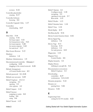 Index-2 Getting Started with Your DeltaV Digital Automation System
revision 8-18
Controller placeholder
creating 8-17
Controller Software
licensing 8-4
Controller Upgrade Utility 1-17
Controllers
downloading 8-27
D
Data links 5-14
creating 5-16
for loop output 5-21
for loop process value 5-21
for loop setpoint 5-20
for motor setpoint 5-22
for tank level 5-17
Data Source Browser 5-15
Database
definition 1-4
Database Administration 1-9
Decommissioned controller Glossary-1
configuring 8-20
dragging to the control network 8-20
Default Arrangement
of Control Studio views 4-5
Default password 8-1, 8-28
Default user accounts 8-29
DeltaV Explorer 1-9, 3-1
navigating 3-3
opening 3-2
view options 3-3
DeltaV Inspect 1-12
DeltaV licenses
assigning to nodes 8-8
loading 8-6
using 8-4
DeltaV Neural 1-12
DeltaV Operate 6-1
Configure mode 1-10
navigating 5-5
opening in run mode 5-7
Run mode 1-15
DeltaV Predict 1-13
DeltaV Simulate Suite 1-14
DeltaV Tune 1-14
Detail display 4-15
DevData.cfg file 8-16
Device Control function block 4-32
Device Signal Tag
definition 1-4
Device Tags 4-11
browsing 4-13
definition 1-4
for tank process 8-21
Diagnostics 1-15
Diagram View
Control Studio 4-6
Display hierarchy 5-3
Display History
defining in user.glb file 5-4
Documentation conventions
DeltaV Explorer 3-3
Downloading
controllers 8-27
workstations 8-11, 8-32
Dynamic properties 5-14
Dynamo set
pasting from 5-26
Dynamos 5-24
E
Engineering Units
setting for LI-101 module 4-23
 
