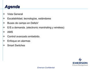 Agenda Vista General Escalabilidad, tecnologías, estándares Buses de campo en DeltaV E/S a demanda. (electronic marshaling y wireless) AMS Control avanzado embebido. Enfoque en alarmas Smart Switches 
