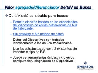 Valor  agregado/diferenciador  DeltaV en Buses DeltaV está construido para buses: Permite elección basada en las capacidades del dispositivo no en las preferencias de bus del fabricante.   Sin gateway = Sin mapeo de datos Datos del Dispositivos son tratados identicamente a los de E/S tradiciónales. Use las estrategias de control existentes sin importar el tipo de E/S Juego de herramientas únicas, incluyendo configuración/ diagnóstico de Dispositivos. 